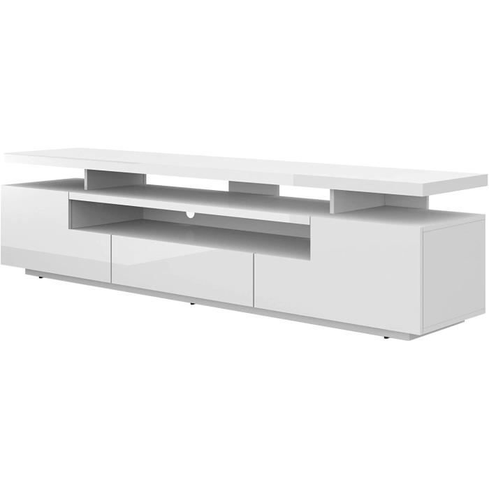 meuble tv bas - eva - blanc brillant - contemporain - design - 195 cm x 42 cm x 51 cm