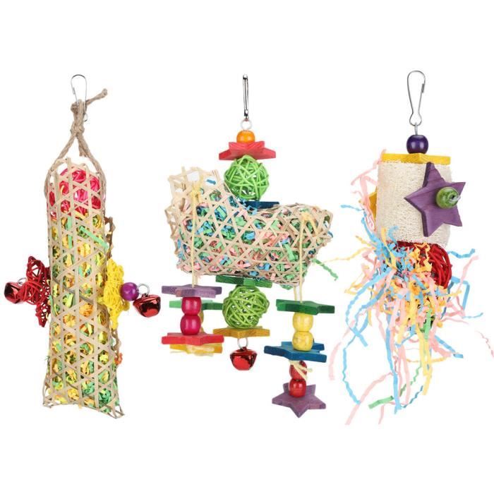 Meilleurs prix pour HURRISE Jouet de perroquets suspendus 3 pièces rotin papier oiseau suspendus Cage jouets avec crochet perroquets mordant jouet à