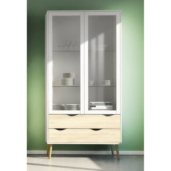 vitrine dmora avec portes en verre et tiroirs chêne - blanc - 98 x 200 x 39 cm
