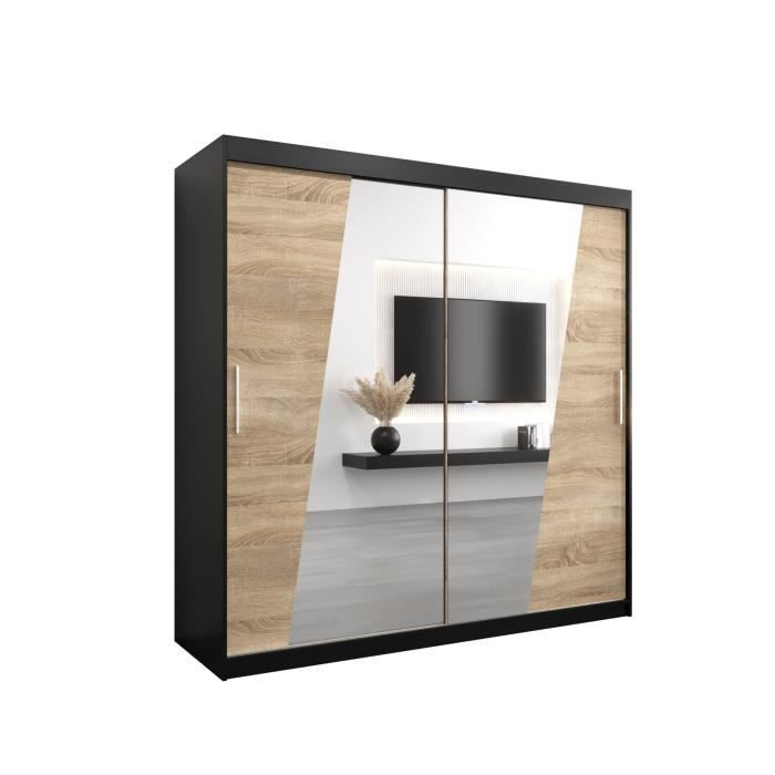 Armoire de Chambre THOR Noir-Sonoma 200 avec 2 Portes Coulissantes et Miroir Penderie (Tringle) avec étagères Sans tiroirs