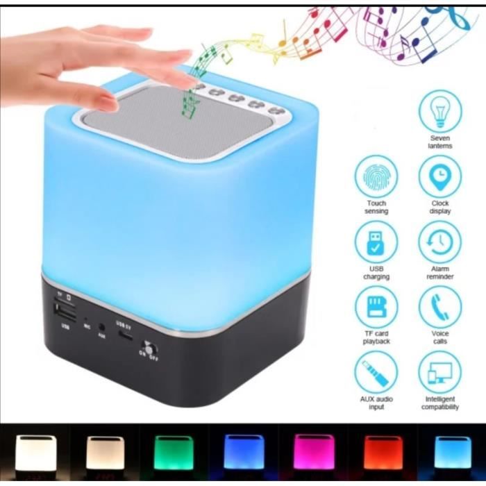enfants carte SD lecteur MP3 mains libres Enceinte Bluetooth 5 en 1 avec lampe de chevet tactile à intensité variable Swonuk USB LED 7 couleurs avec réveil USB et Bluetooth 