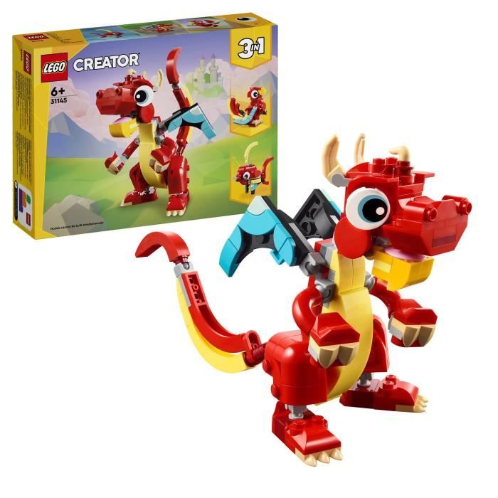 lego® 31145 creator 3en1 le dragon rouge  jouet avec 3 figurines d'animaux, dont un dragon rouge, un poisson et un phénix