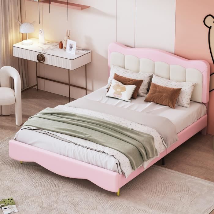 lit enfant 140 * 200 cm lit double rembourré lit de fille mignon en cuir pu avec sommier à lattes - rose