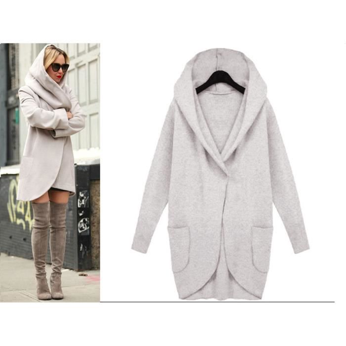 Finddress Hiver Femmes De Long Cardigan Avec Capuche Pull Pullover Tops A Manches Longues Chic Sweat Femme Chaud Coton Gris2 Cdiscount Pret A Porter