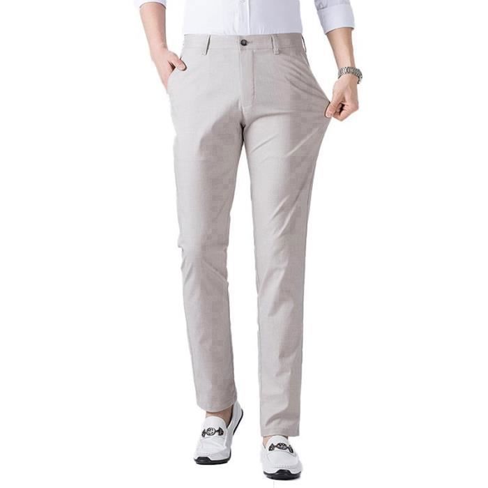 Pantalon Lin Homme INSFITY Coupe Droite Couleur Unie Kaki Stretch Business Sans Repassage