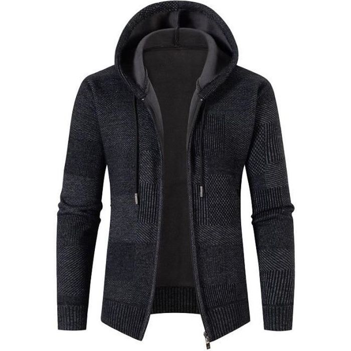 Gilet Capuche Homme Chaud Doublé Polaire Cardigan Zippé Epais Couleur