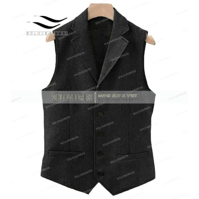 Gilet De Costume Pour Homme En Laine Tweed à Chevrons - Style Steampunk Rétro - Pour Affaires, Mariage, Marié - Noir - Taille S, Noir, Petit