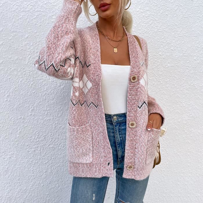 Gilet Femme Hiver Tricot Manches longues Casual Chaud Imprime Noel Rose Cdiscount Pret a Porter