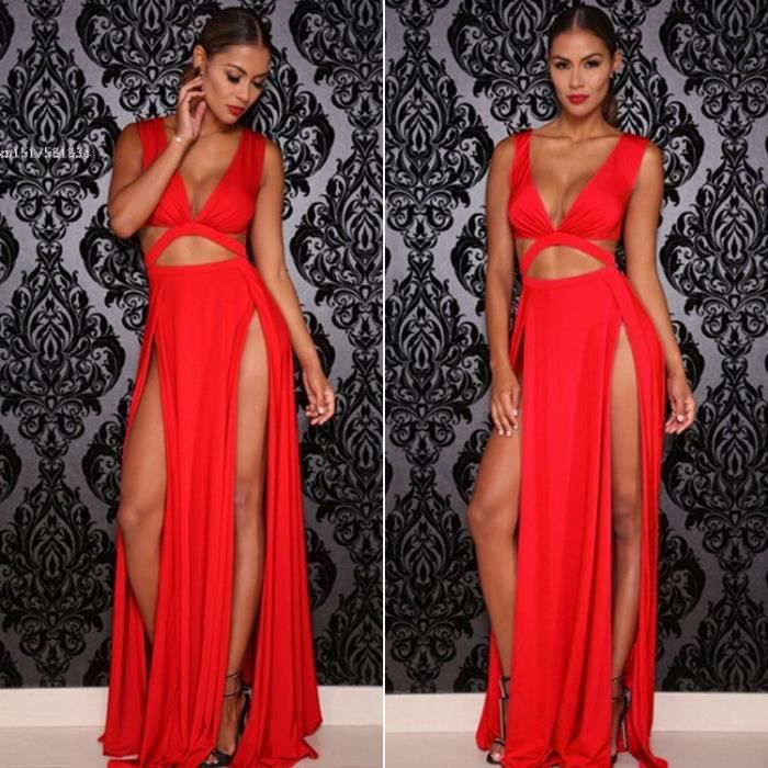Robe longue femme imprimée avec fente haute et col V