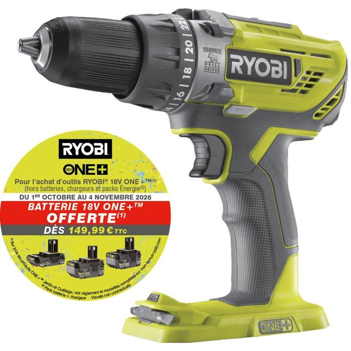 RYOBI Perceuse à percussion 18V ONE+ - sans batterie ni chargeur - R18PD3-0