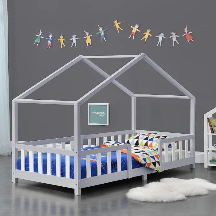 Lit d'enfant Design en Forme Maison avec Grille de Protection