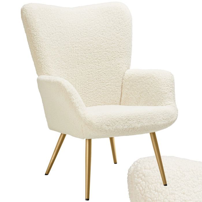 Chaise - TECTAKE - Fauteuil HYGGE rembourré en acier et polyester à laspect bouclé 72 x 76 x 1005 cm - Crème/Or