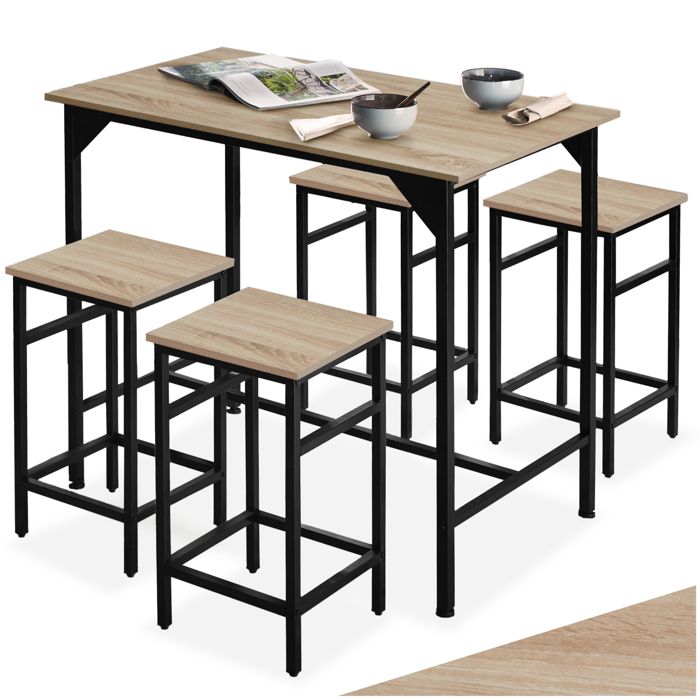 Table haute - TECTAKE - Ensemble de bar EDINBURGH au style industiel en bois en acier avec table et 4 tabourets - Bois clair