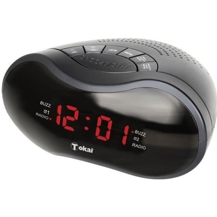 Tokai. Radio réveil FM avec prise USB pour recharge téléphone. Noir