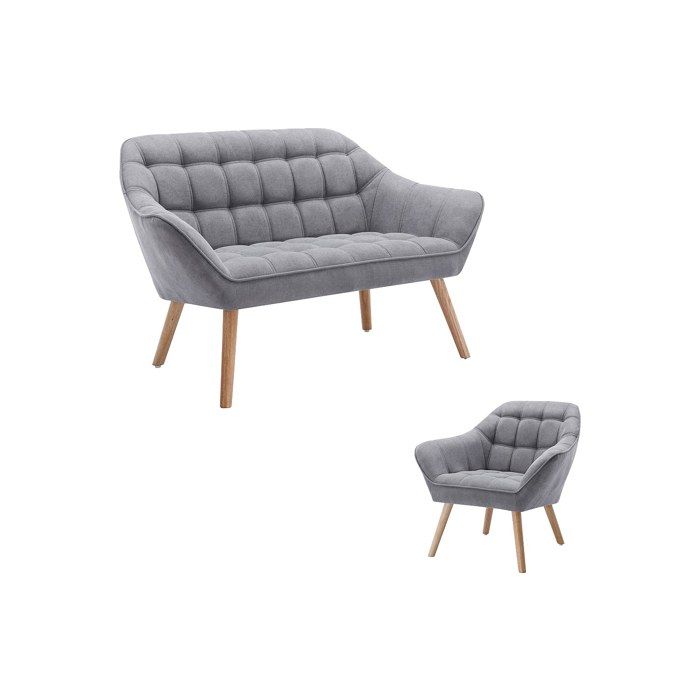 Canapé 2 places et fauteuil en tissu gris CASERTA Canapé 2 places et fauteuil en tissu gris CASERTA