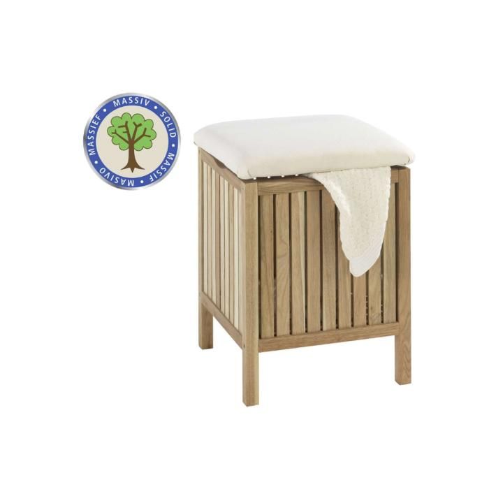 WENKO Tabouret Salle de Bain et Panier à Linge NORWAY, Rangement en Bois de Noyer, Siège avec Coussin Rembourré, 39x52x39 cm, Marron