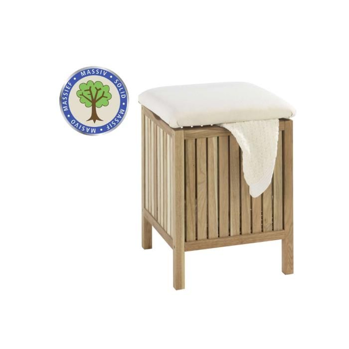 WENKO Tabouret Salle de Bain et Panier à Linge NORWAY, Rangement en Bois de Noyer, Siège avec Coussin Rembourré, 39x52x39 cm,