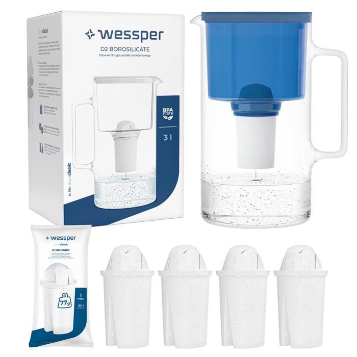 Wessper Carafe Filtrante en Verre + 5 cartouche Carafe deau