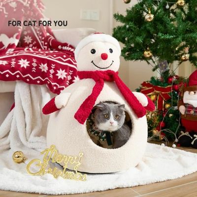Lit Pour Chat De Noël | Maisons De Noël Pour Chats D'appartement Avec Bonnet Et écharpe, Lit Doux Et Lavable En Peluche Pour Dormir Les Animaux De Compagnie En Automne Et En