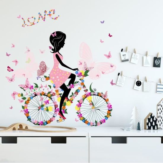 Sticker Muraux Autocollant Mural Fleur papillon et fille Décoration de  Salon Chambre Princesse Salle de classe Kalavika