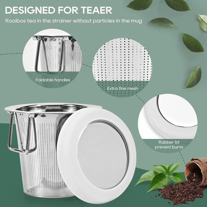 Infuseur Thé 2 Pièces Acier Inoxydable 304 Maille Fine Avec Poignée Silicone Et Couvercle - Réutilisable Pour Théière Mug Tasse