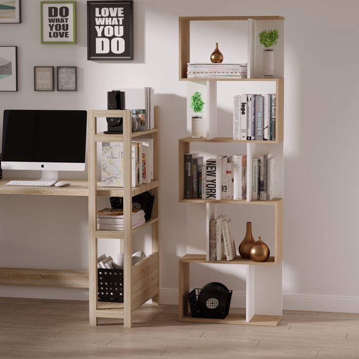 Bibliothèque En Forme D'échelle HOMCOM – 60x40x171 Cm, 3 étagères + Armoire, Chêne Et Blanc, Style Nordique - 6
