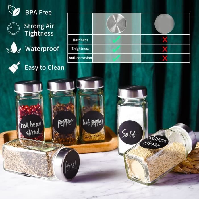 Lot De 12 Pots à épices En Verre Carrés 250ml Avec Couvercle En Bois - Hermétiques, étiquettes Incluses - Rangement Cuisine