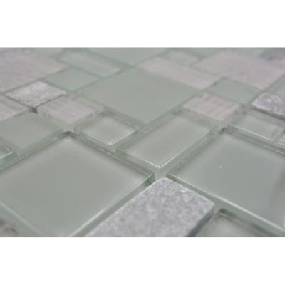 Mosaïque Murale Translucide Inox - Carreaux Verre Gris Blanc, Baguettes Cristal Pierre