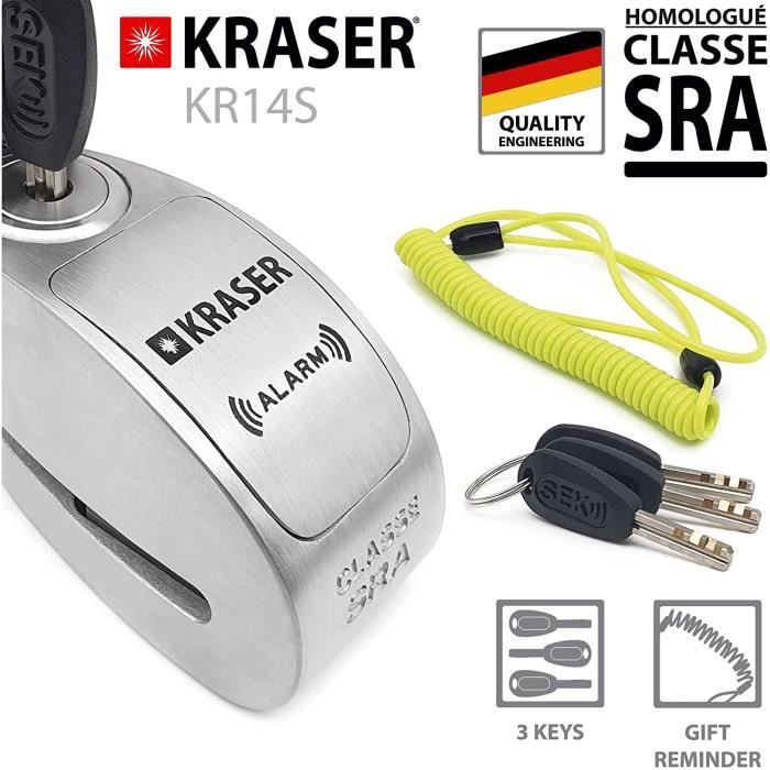 KRASER KR50+120L - Kit Antivol Moto SRA : Bloque-Disque Mini U + Chaîne 120 Cm Ø10 Mm Acier Massif Haute Sécurité