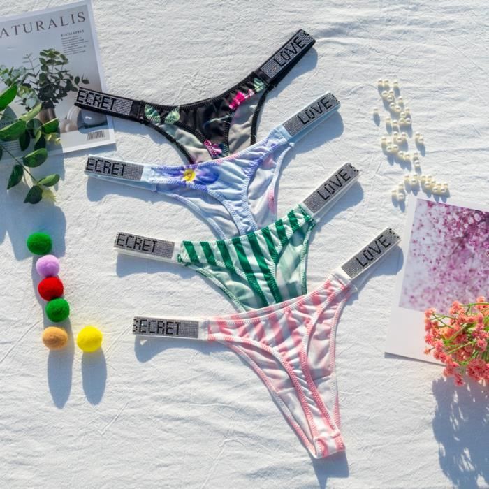 Culotte-slip,String Sexy rayé à strass pour femmes,sous-vêtement sans ...