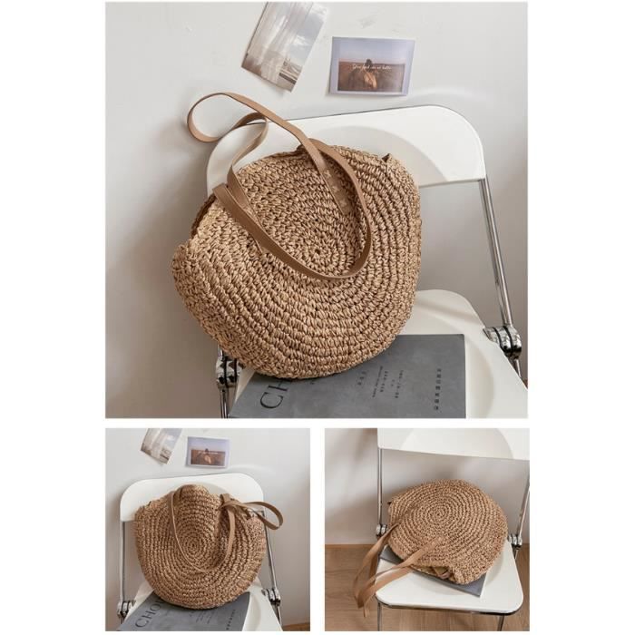 Sac rond paille et store cuir