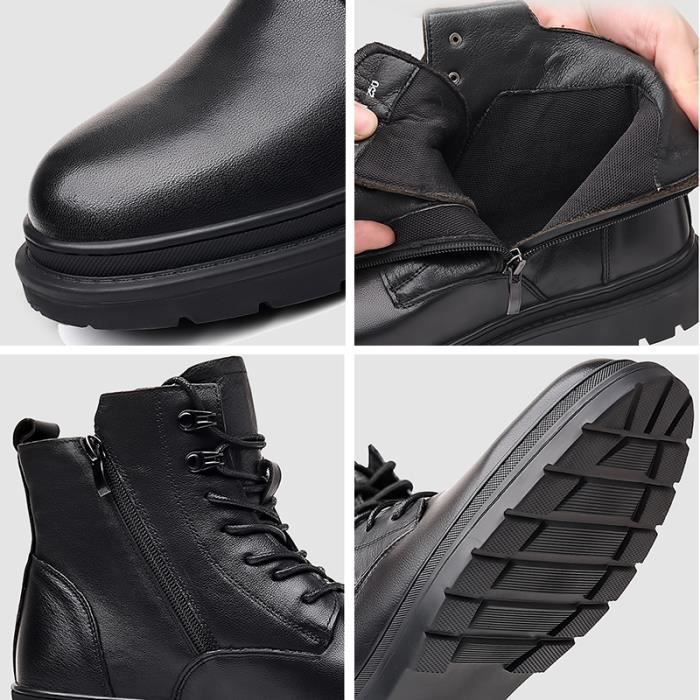 Boots Homme en cuir Doux Confortable Couleur unie Marque Mod le Plat Basse Noir