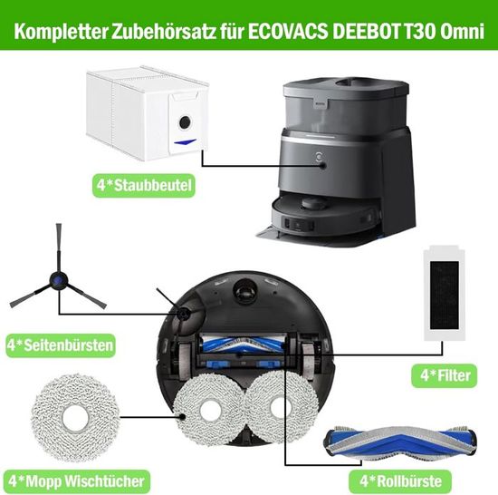 Kit Accessoires Rechange Pour ECOVACS DEEBOT T30 PRO OMNI / T30S PRO - 1 Brosse Principale, 6 Latérales, 4 Filtres, 6 Chiffons