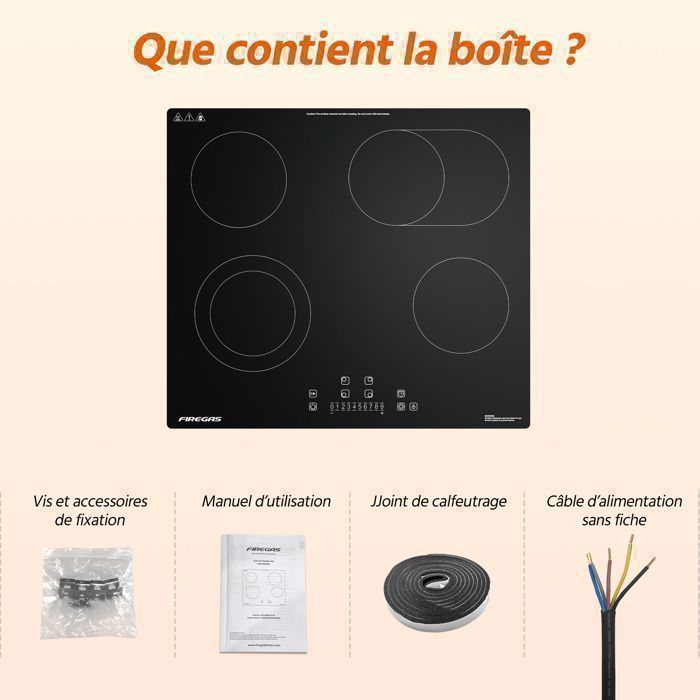 Plaque De Cuisson Vitrocéramique 4 Feux 6000W Encastrable - 9 Niveaux, Minuteur, Touches Tactiles, Sécurité Enfant (Noir Brillant)