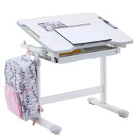 Bureau enfant VITA table de travail réglable en hauteur avec plateau inclinable, structure en métal blanc et plastique gris