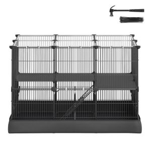 Cage à hamster à 2 Niveaux, 93 x 63 x 61,5 cm, Cage à Lapin, 35 Panneaux, Tapis Imperméable, Double Porte, Noir