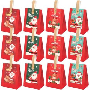 PAPIER CADEAU Lot de 12 sacs de cadeaux de fête de Noël en papier kraft rouge avec poignées - Haute qualité et design festif
