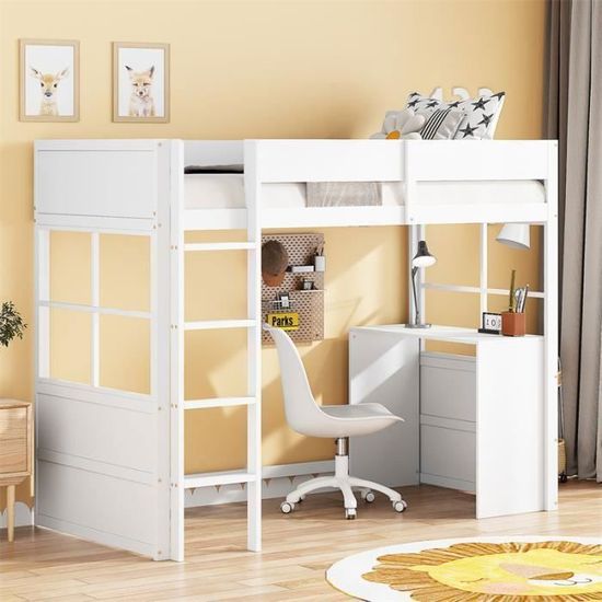 Lit Mezzanine Enfant 90x200 Cm Avec Bureau Et Rangements - Blanc, Pin Et MDF - Chariot Amovible Inclus