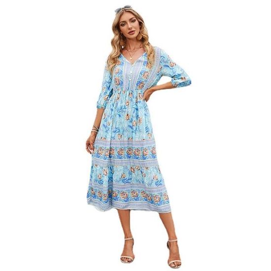 Robe longue trapèze taille haute en soie de coton bohème Bleu Bleu