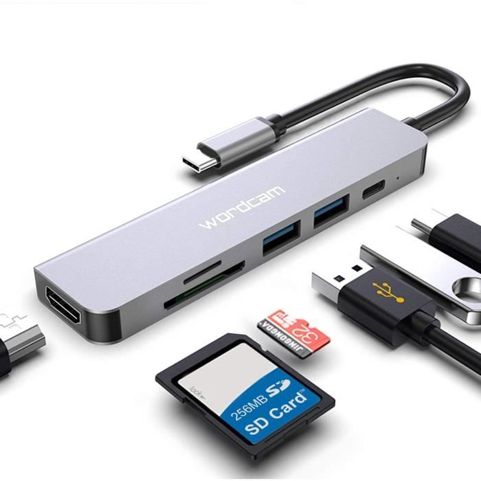 Hub USB C Adaptateur Multiport 7 en 1 Dongle pour Portable avec 2 Ports USB 3.0 Sortie HDMI 4K Lecteur de Carte SD/Micro SD Compatible pour MacBook Pro 100 W PD XPS et Autres appareils de USB C 