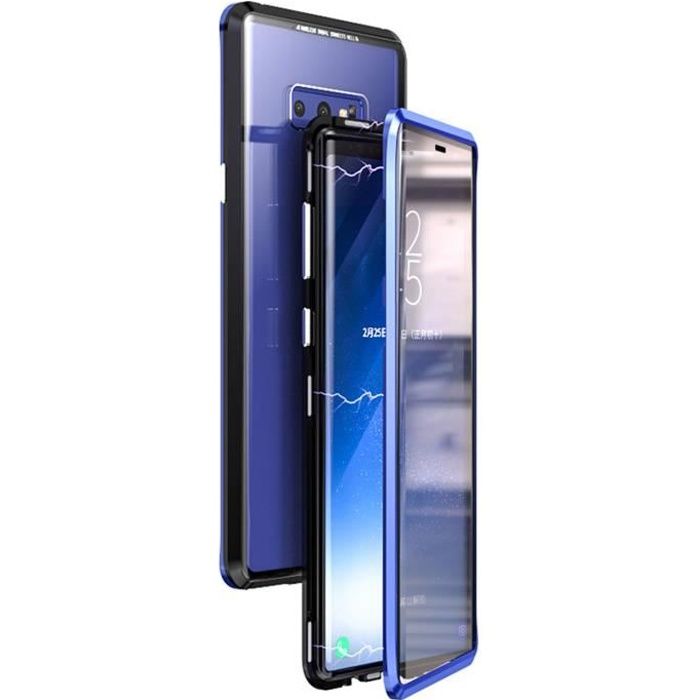 Coque Galaxy Note 9, Étui Adsorption Magnétique Double face Verre trempé Couverture pour Samsung Galaxy Note 9 -Noir + bleu