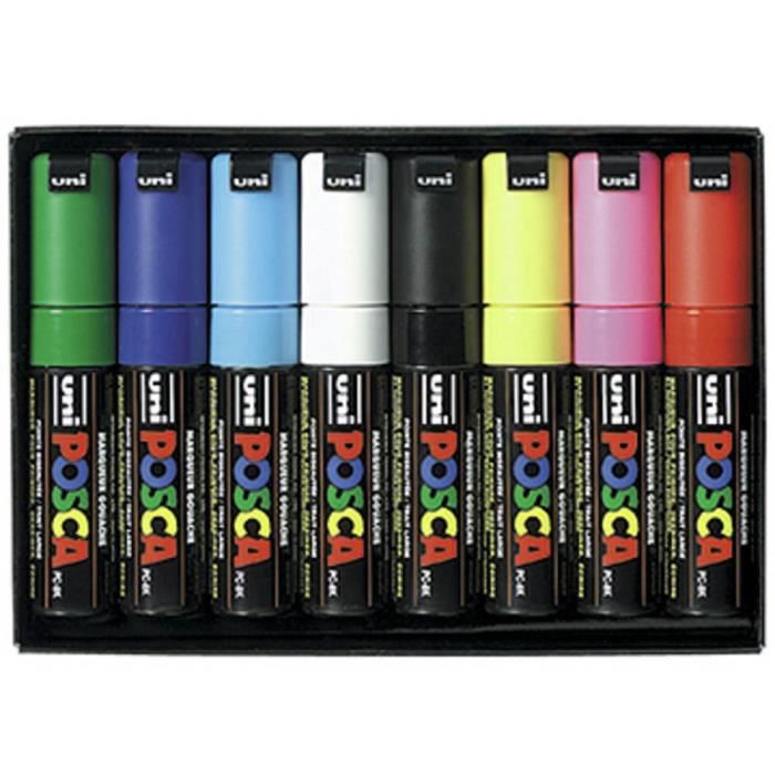 Marqueur Gouache UNI-BALL POSCA - Pointe Ogive - Coloris Assortis - Pochette de 8