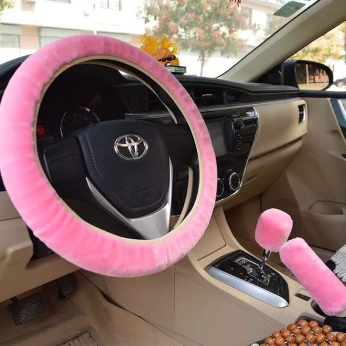Couleur rose House Universelle Pour Volant De Voiture En Fourrure, Couvre-Volant Classique, 3 Pièces, Hiver