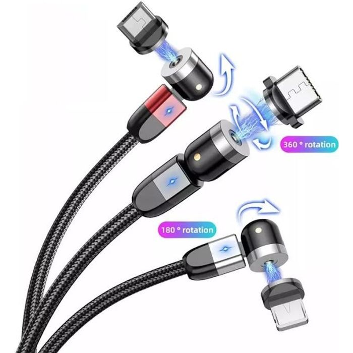 Câble USB 2 mètres magnétique 3en1 chargement rapide avec les têtes IPhone & Android rotatif à 360°, fil en nylon ultra résistant