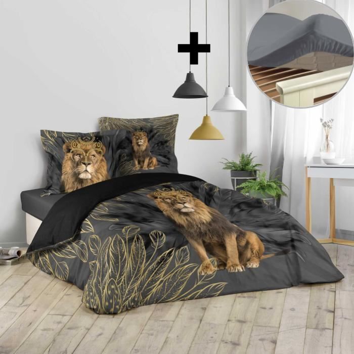 CDaffaires Pack parure de couette 260x240 cm Jungoleo + drap housse 160x200 gris