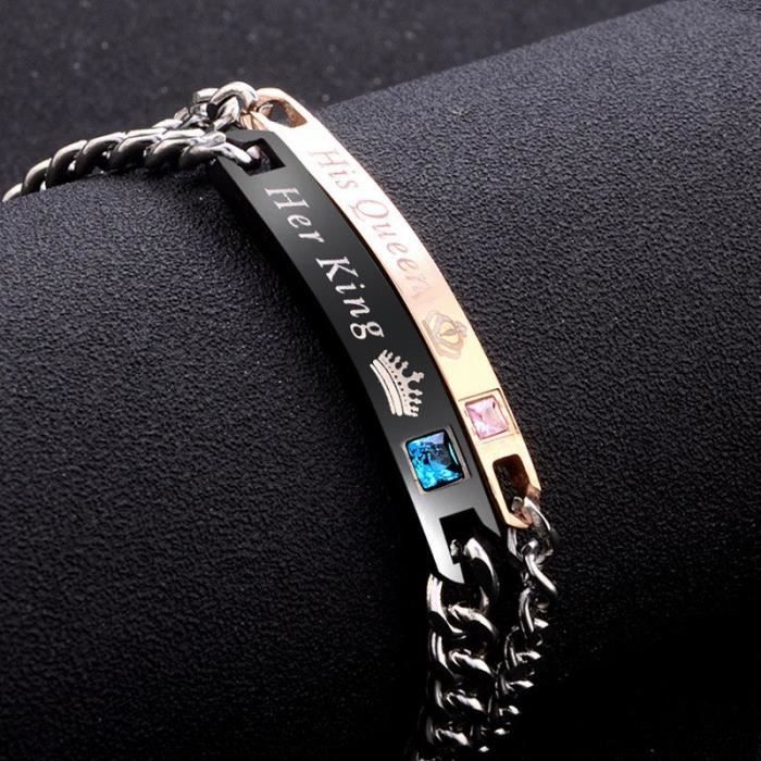 2PCS Bracelets Acier Inoxydable Roi&Reine Prince&Princesse Chaînes de Main Couples Amoureux Femme Homme Goumettes Couleur Argent Cad