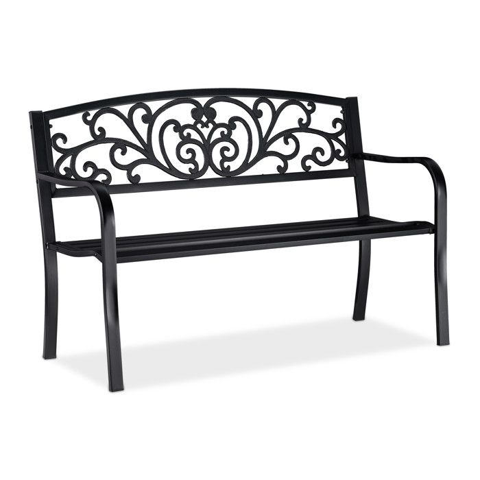Relaxdays Banc de jardin, Banc extérieur, balcon, 2 places, fonte de fer, ornements, Fonte, acier 86,5x127x60 cm, noir -