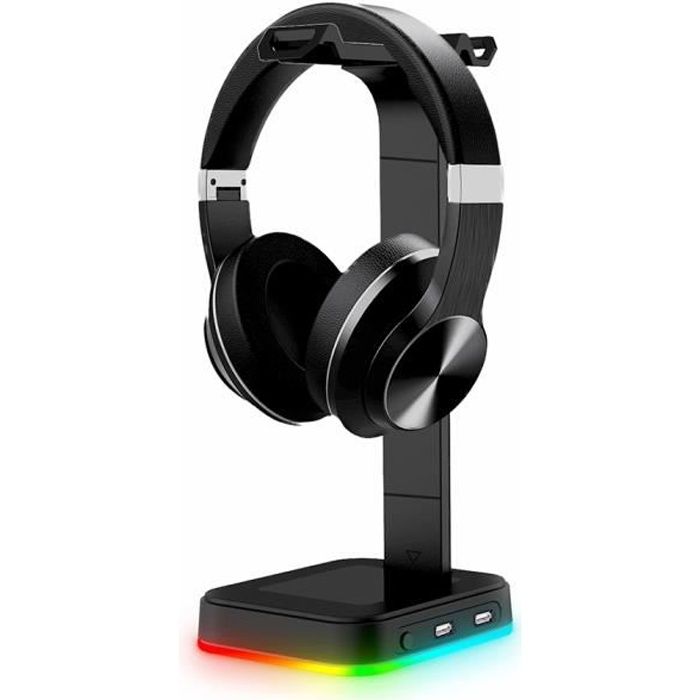 Support de Casque Gaming avec 2 Ports USB 5 modes d'éclairage RGB En ABS Universel Amovible Noir