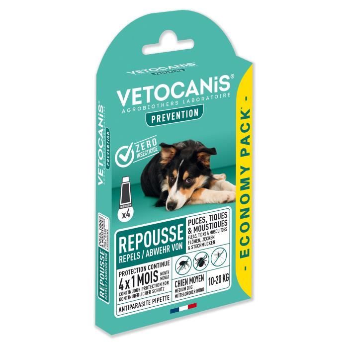 VETOCANIS 4 Pipettes anti-puces et anti-tiques - Pour chien 10-20 kg - 4x 1 mois de protection