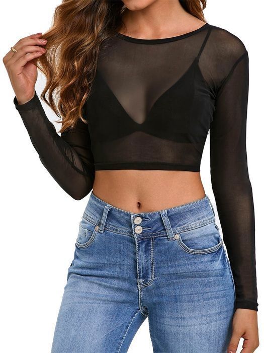Women's Mesh Transparent Sequined Flared Long Sleeve T-shirt Top